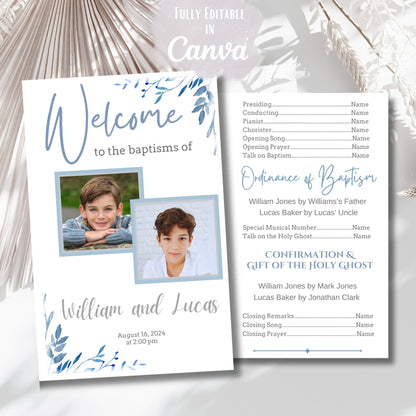 Digital Kim Designs editable LDS baptism program template for two boys featuring blue floral accents and photo slots
