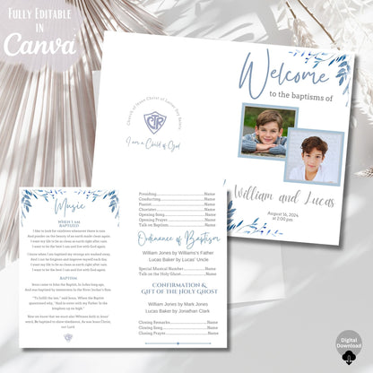 Digital Kim Designs editable LDS baptism program template for two boys with blue floral accents and photo placeholders.