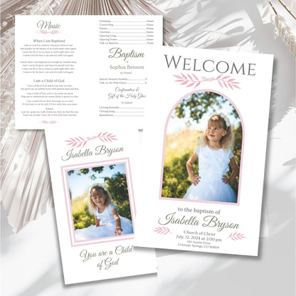 Digital Kim Designs editable LDS baptism program template for girls featuring pink floral accents and photo placeholders