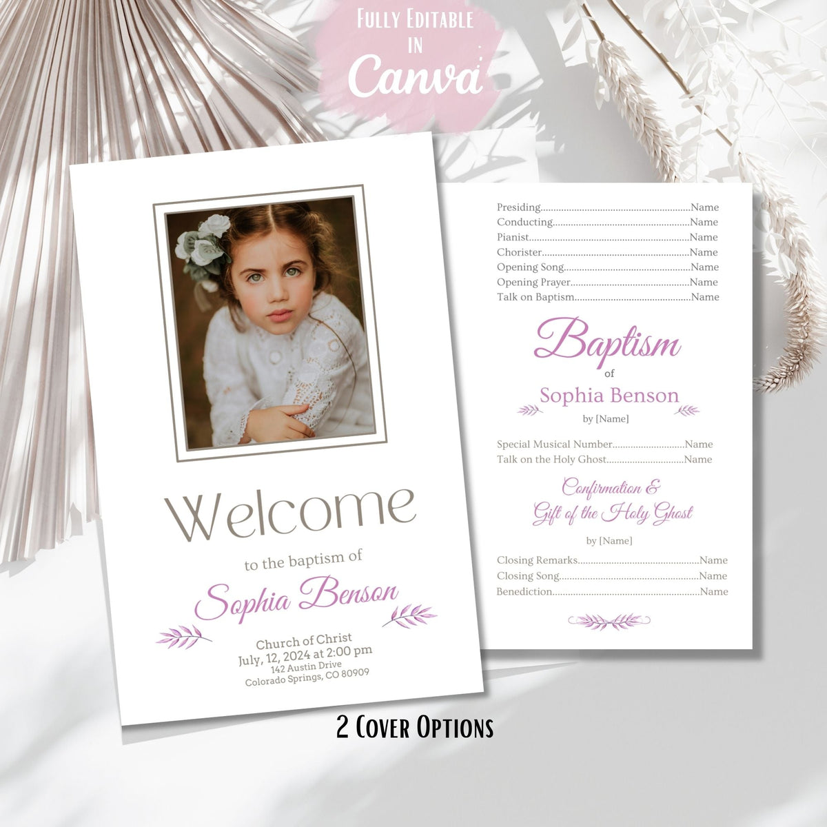 Digital Kim Designs editable LDS baptism program template for girls featuring purple floral accents and photo space.