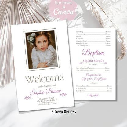 Digital Kim Designs editable LDS baptism program template for girls featuring purple floral accents and photo space.