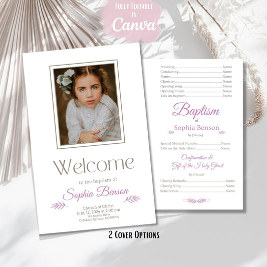 Digital Kim Designs editable LDS baptism program template for girls featuring purple floral accents and photo space.