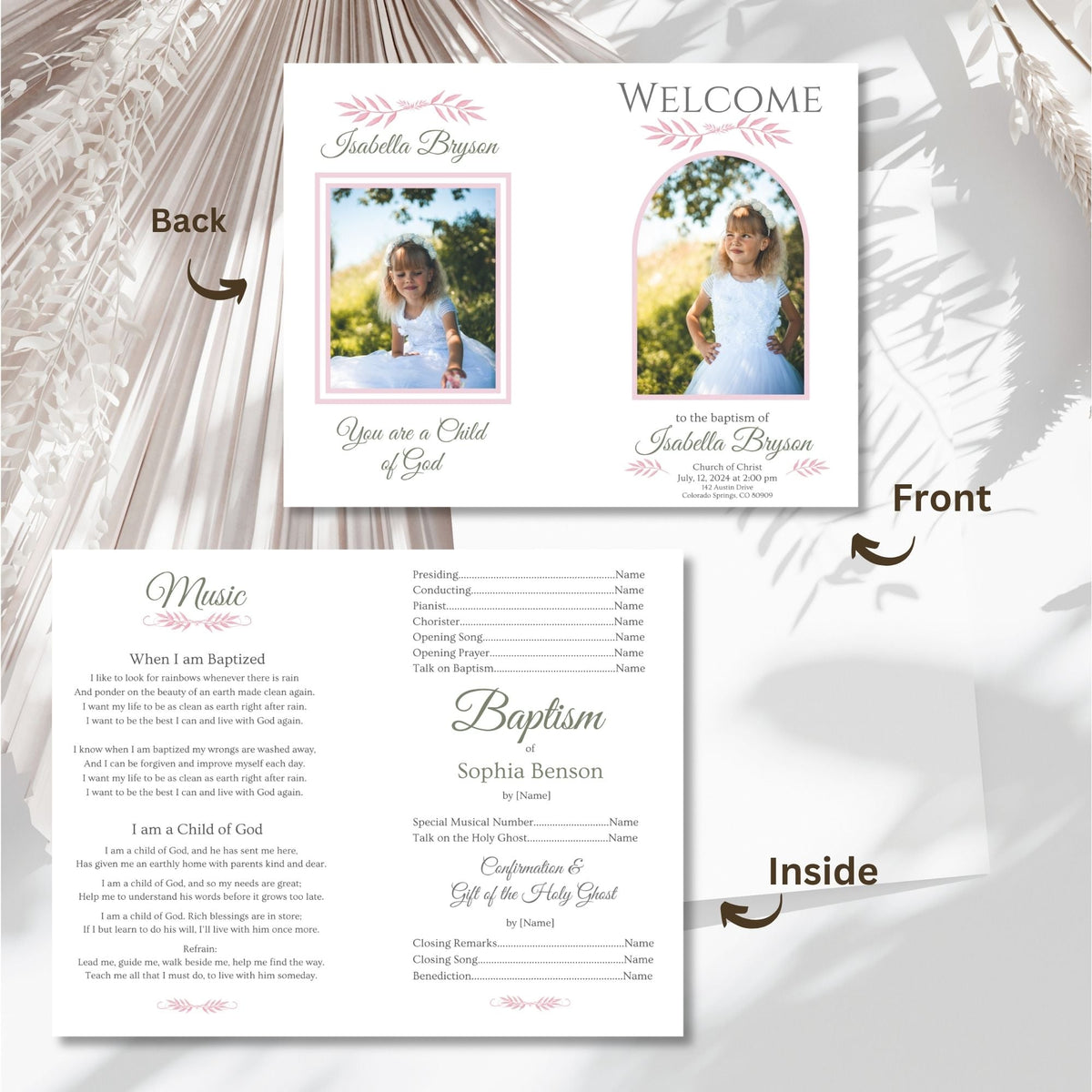 Digital Kim Designs editable LDS baptism program template for girls featuring pink floral accents and photo placeholders.