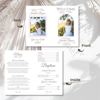 Digital Kim Designs editable LDS baptism program template for girls featuring pink floral accents and photo placeholders.