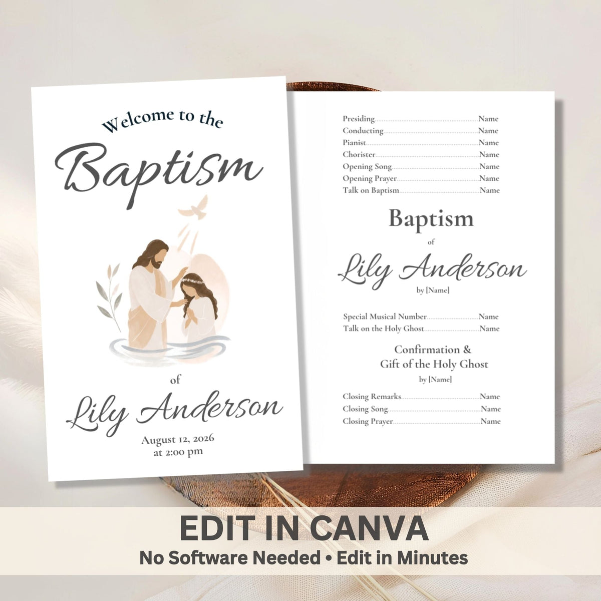 Digital Kim Designs editable LDS baptism program template for girls featuring a modern, neutral illustrated design.