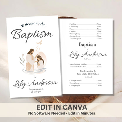 Digital Kim Designs editable LDS baptism program template for girls featuring a modern, neutral illustrated design.