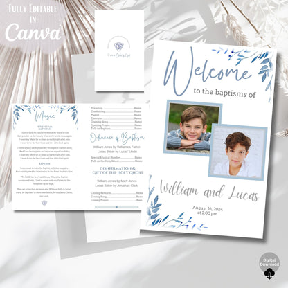 Digital Kim Designs editable LDS baptism program template for two boys featuring blue floral accents and photo slots.