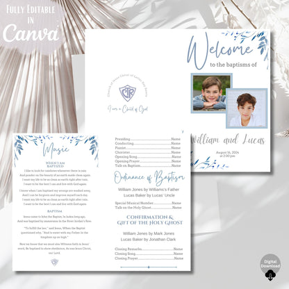 Digital Kim Designs editable LDS baptism program template for two boys featuring blue floral accents and photo placeholders