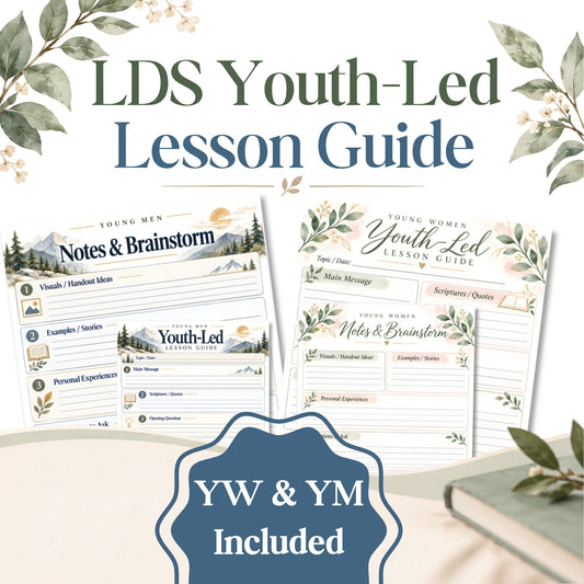 Digital Kim Designs LDS youth-led lesson guide printable with floral and mountain themes for Young Men and Young Women.