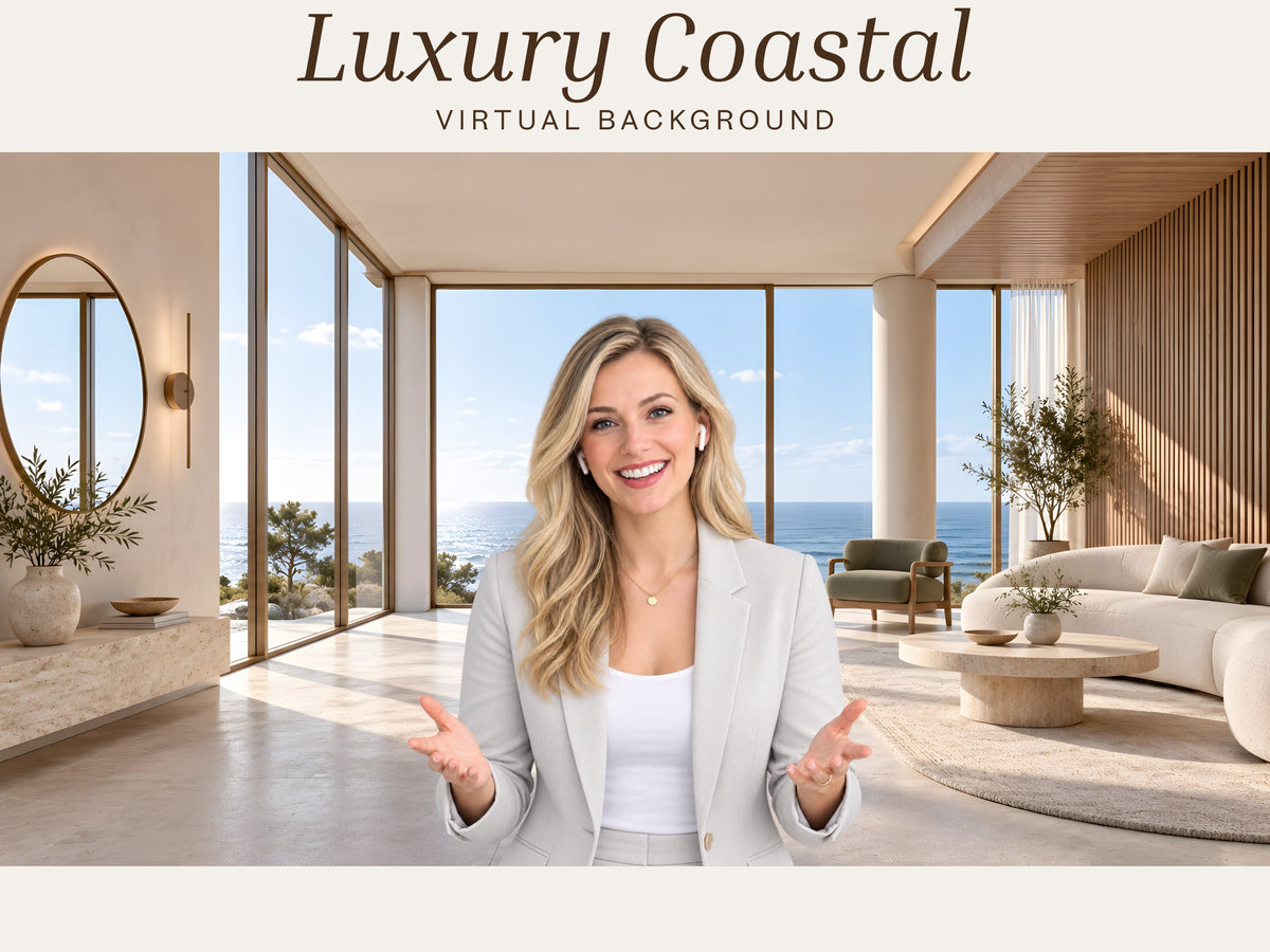 Digital Kim Designs luxury coastal virtual background featuring a bright ocean-view living room for video meetings.