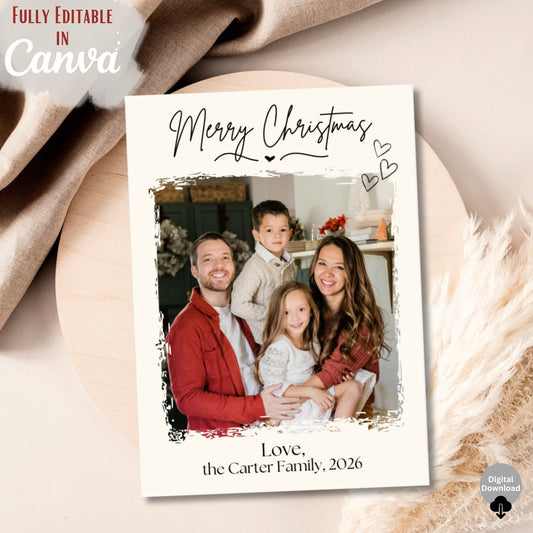 Digital Kim Designs minimalist Christmas photo card template with a family portrait, editable in Canva.