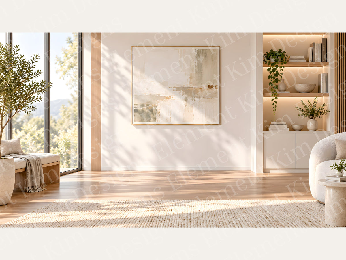 Digital Kim Designs bright minimalist virtual background with modern shelving, greenery, and warm natural light.