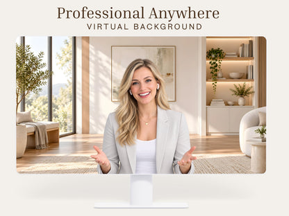 Digital Kim Designs bright minimalist virtual background featuring a modern home office with natural light and plants.