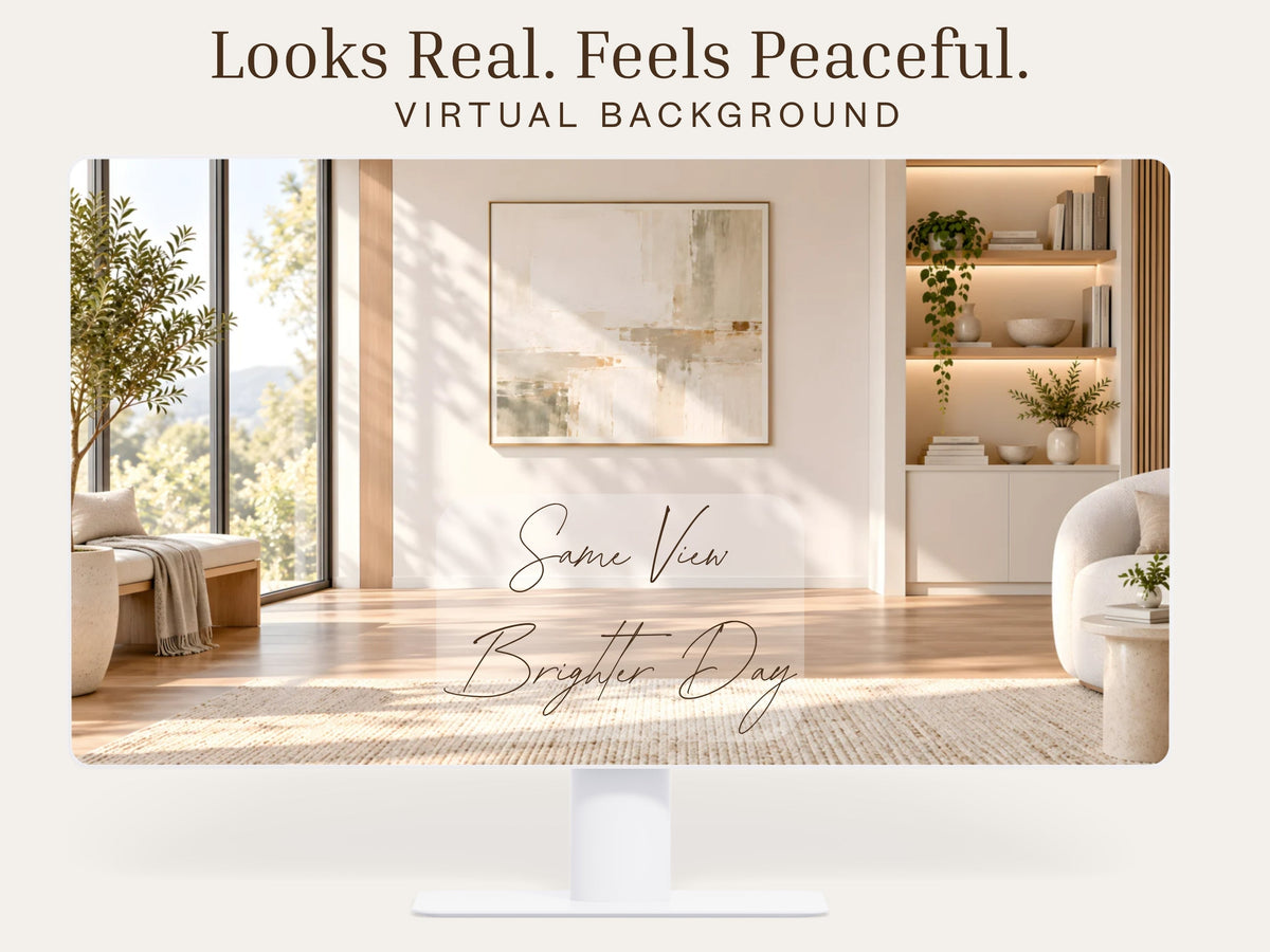 Digital Kim Designs bright minimalist virtual background featuring a modern room with warm light, shelving, and plants.