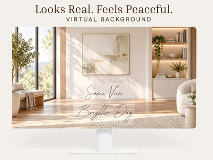 Digital Kim Designs bright minimalist virtual background featuring a modern room with warm light, shelving, and plants.