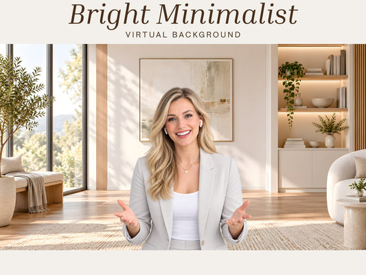 Digital Kim Designs bright minimalist virtual background featuring a professional woman in a modern sunlit home office