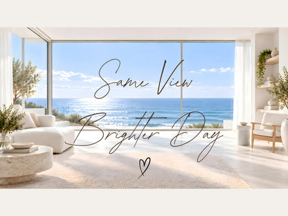 Digital Kim Designs modern ocean virtual background for Zoom featuring a bright coastal interior with sea views.