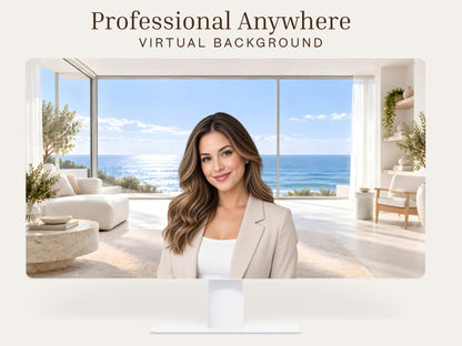 Digital Kim Designs modern ocean virtual background featuring a bright coastal interior with professional decor