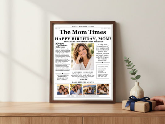 Digital Kim Designs editable birthday newspaper template for Mom framed on a wooden desk with a small vase and gift.