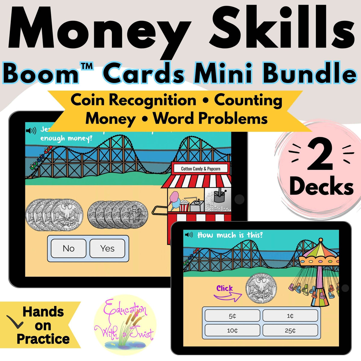 Digital Kim Designs Money Skills Boom Cards bundle featuring interactive coin counting and word problem activities.