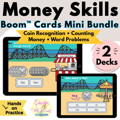Digital Kim Designs Money Skills Boom Cards bundle featuring interactive coin counting and word problem activities.