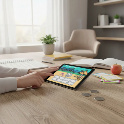 Digital Kim Designs money skills Boom Cards on a tablet showing a coin identification math activity for students