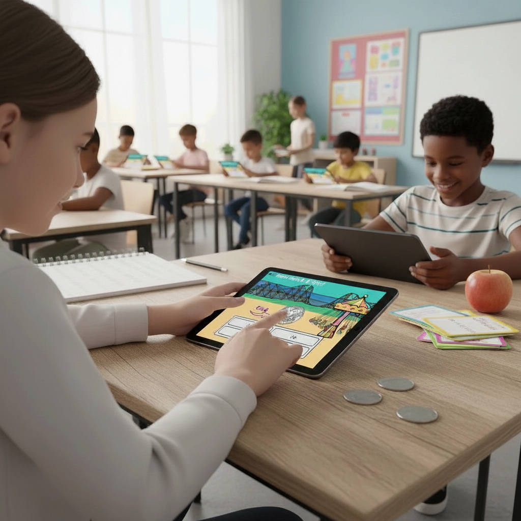 Digital Kim Designs Boom Cards interactive money math lesson on a tablet in a classroom with students
