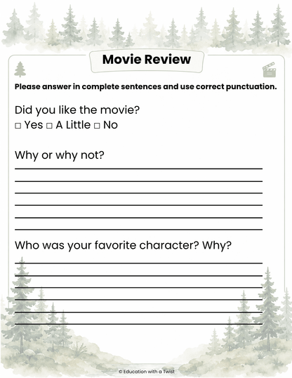 Digital Kim Designs Bridge to Terabithia movie review worksheet with forest-themed borders for elementary students.