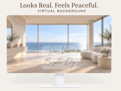 Digital Kim Designs ocean minimalist virtual background on a computer screen featuring a blurred coastal interior.