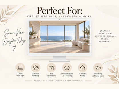 Digital Kim Designs ocean minimalist virtual background displayed on a computer screen for professional video calls.