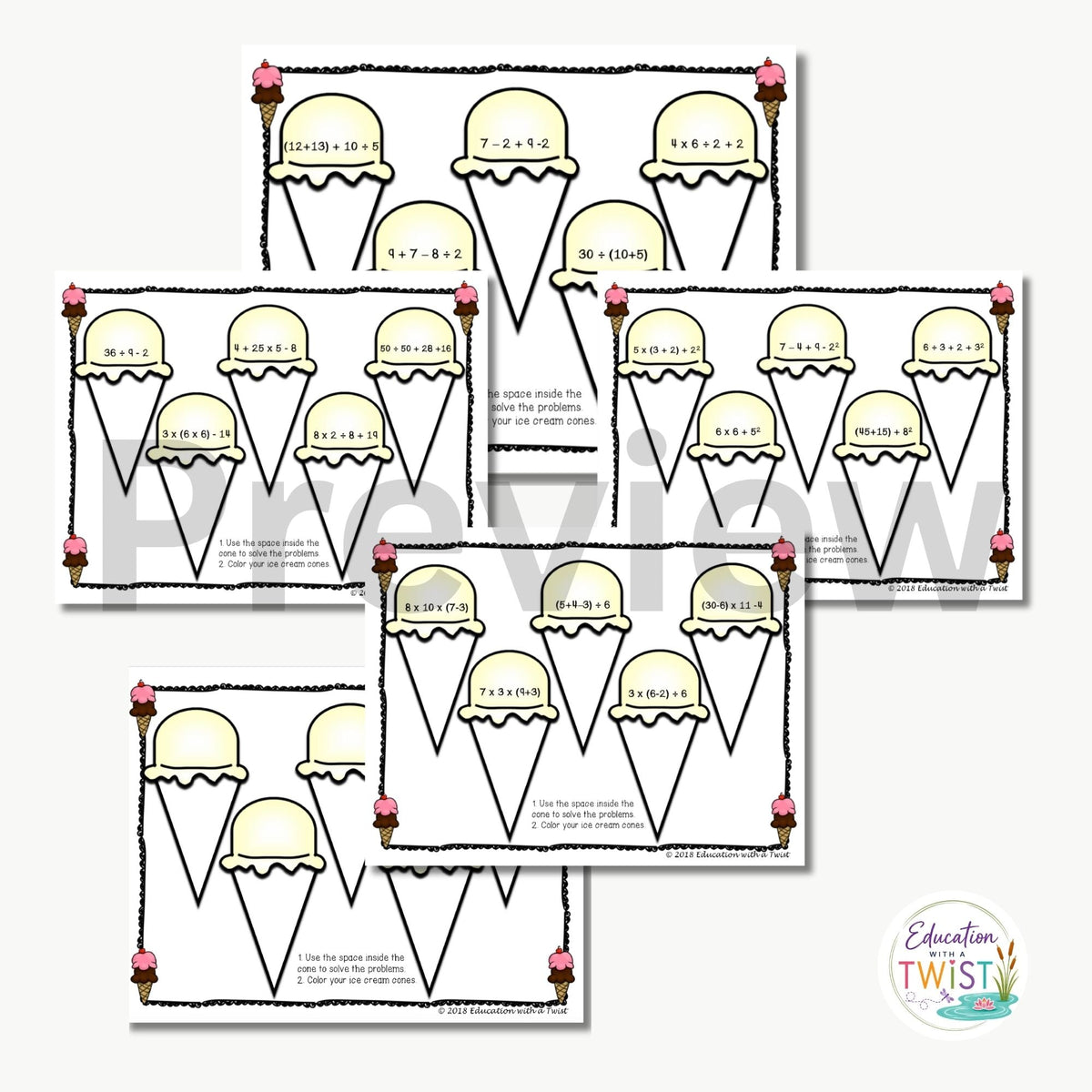 Digital Kim Designs ice cream themed PEMDAS order of operations math worksheets with printable cone practice pages