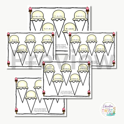 Digital Kim Designs ice cream themed PEMDAS order of operations math worksheets with printable cone practice pages
