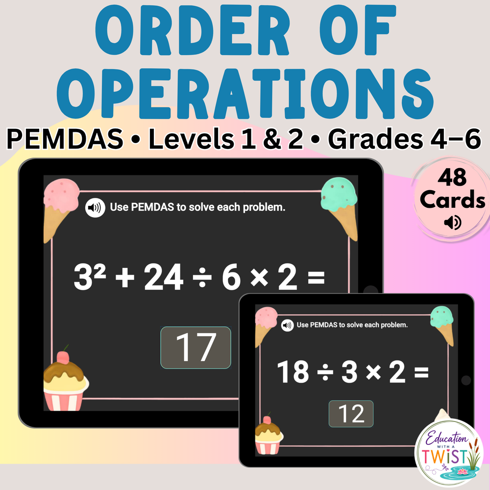Digital Kim Designs PEMDAS order of operations math Boom Cards bundle for grades 4-6 with ice cream theme