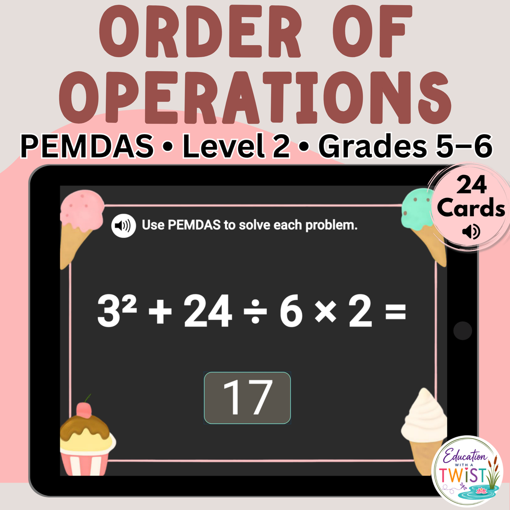 Digital Kim Designs PEMDAS math Boom Cards featuring an ice cream themed order of operations problem on a tablet