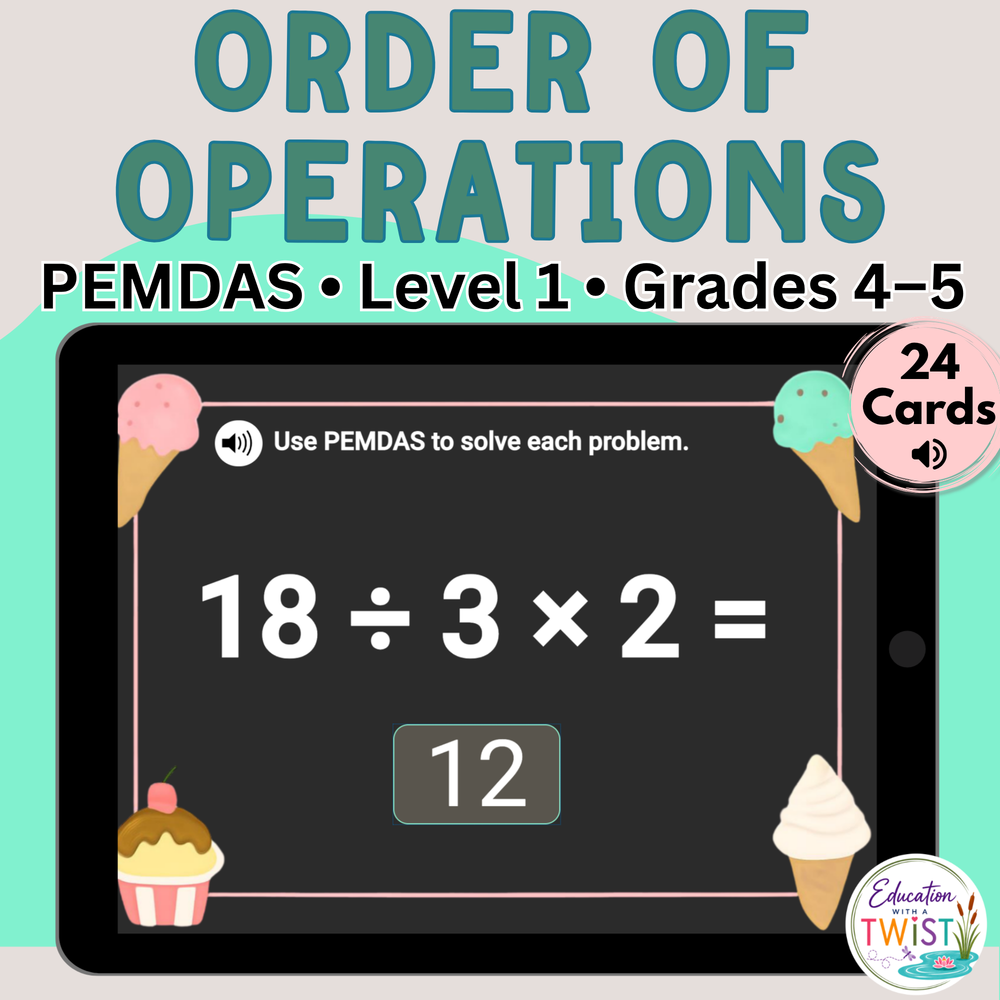 Digital Kim Designs PEMDAS order of operations math activity for grades 4-5 featuring ice cream themed digital cards.
