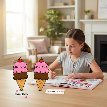 Digital Kim Designs ice cream themed PEMDAS math worksheet with a student practicing order of operations at a desk.