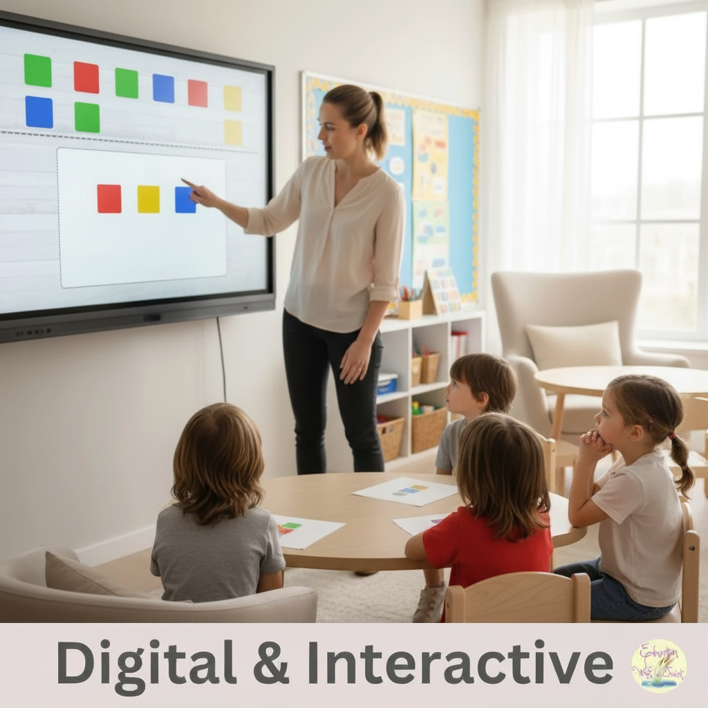 Teacher using Digital Kim Designs phonemic awareness tiles on an interactive whiteboard with students in a classroom