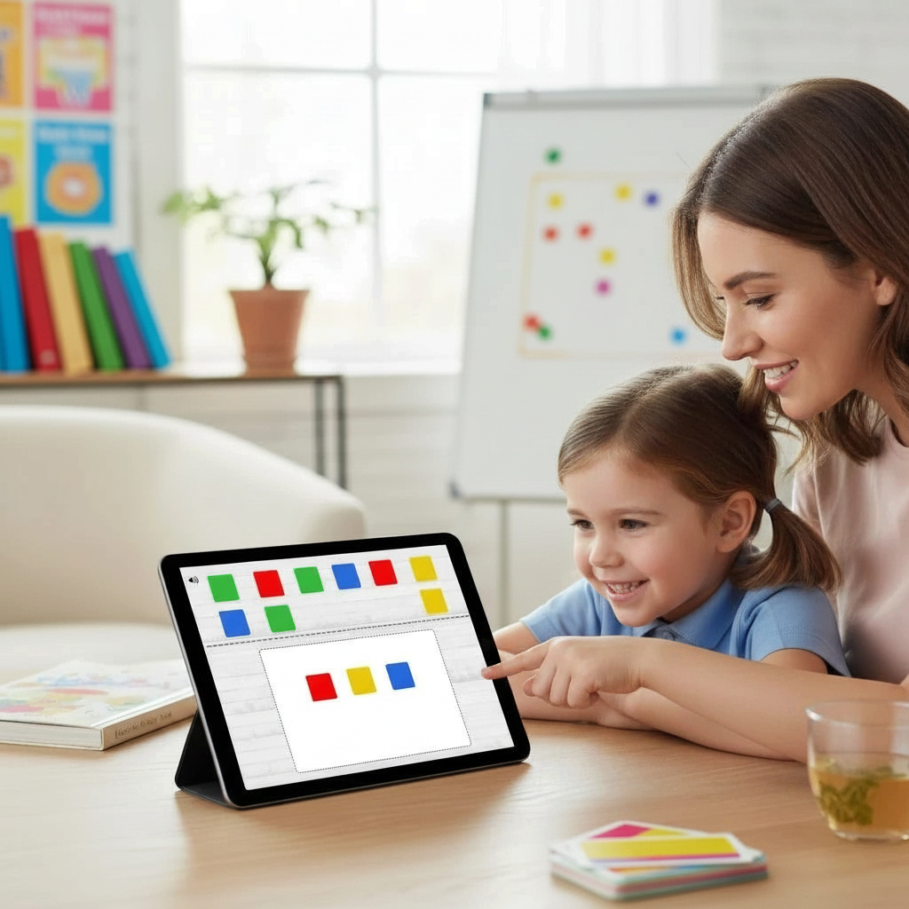 Digital Kim Designs phonemic awareness tiles on a tablet used by a teacher and student for reading intervention