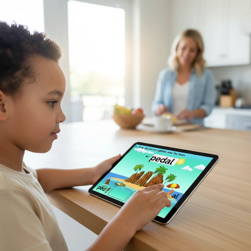 Digital Kim Designs VC/V phonics Boom Cards on a tablet, showing a child practicing syllable division for the word pedal.