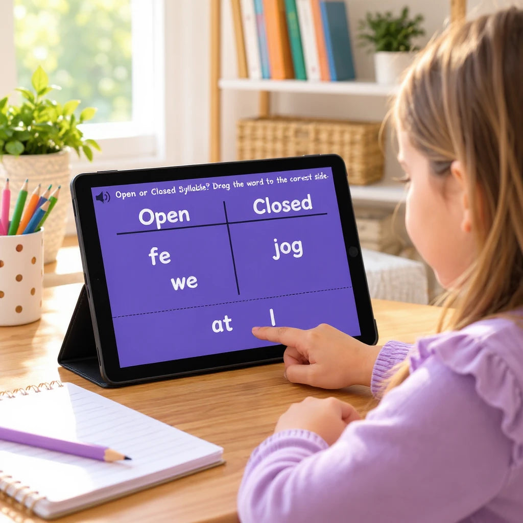 Digital Kim Designs interactive Boom Cards on a tablet showing a student sorting open and closed syllable words.