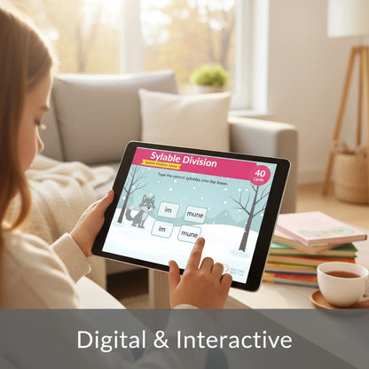 Digital Kim Designs interactive phonics Boom Cards on a tablet showing a syllable division activity with a wolf theme.