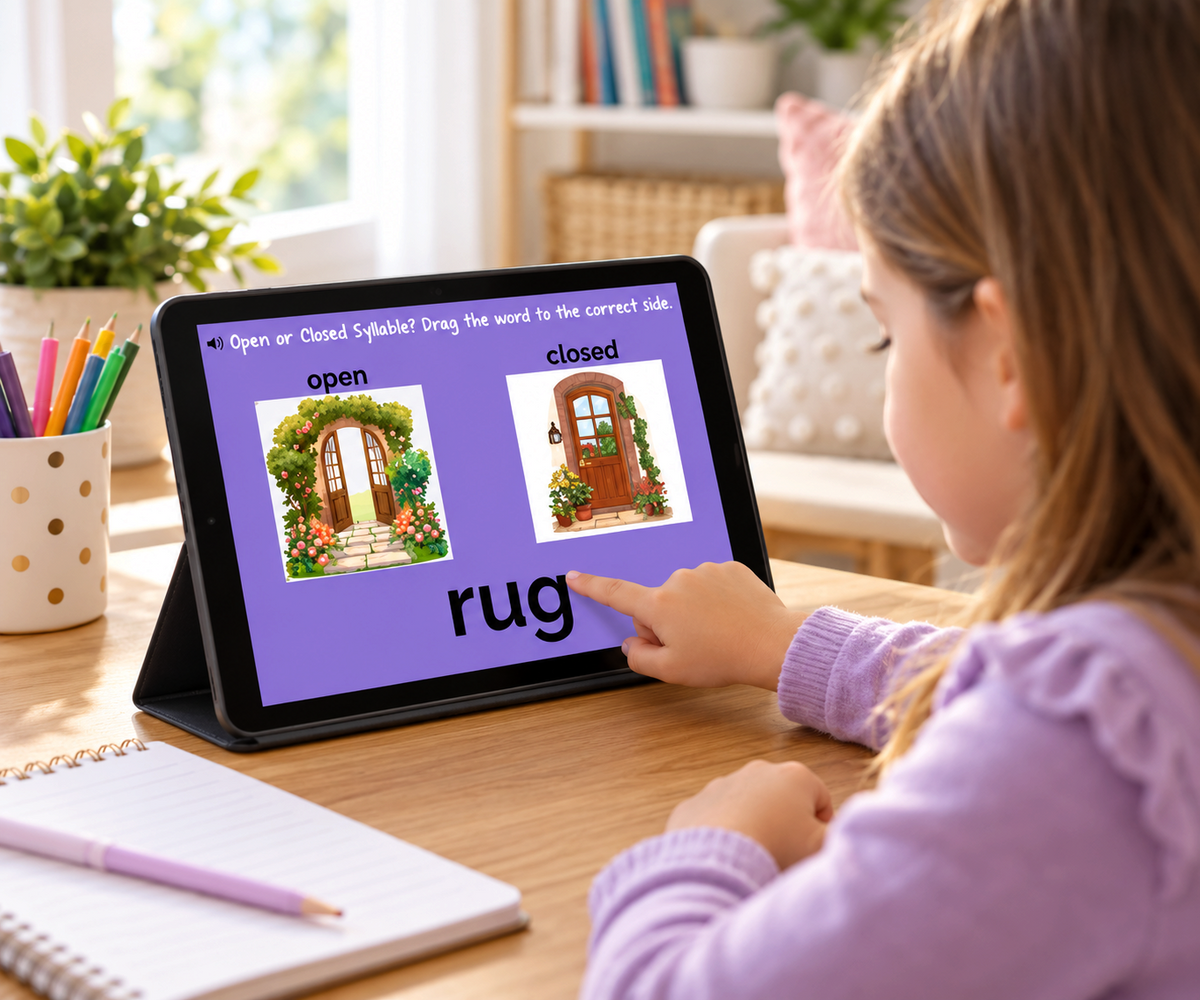 Digital Kim Designs interactive phonics Boom Cards on a tablet showing a child sorting open and closed syllables