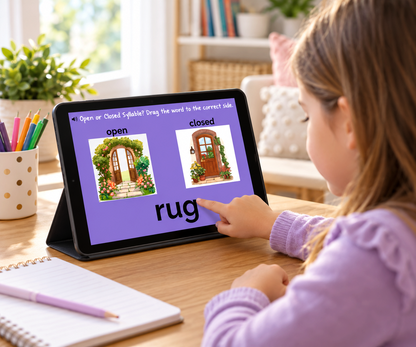 Digital Kim Designs interactive phonics Boom Cards on a tablet showing a child sorting open and closed syllables
