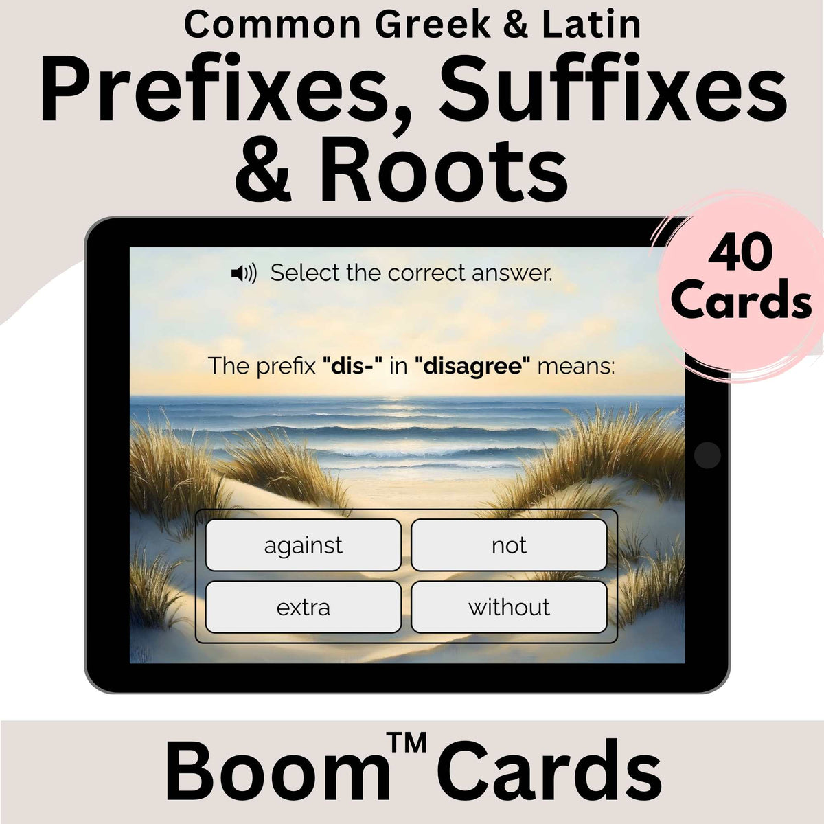 Digital Kim Designs Boom Cards digital task deck for teaching Greek and Latin prefixes, suffixes, and root words.
