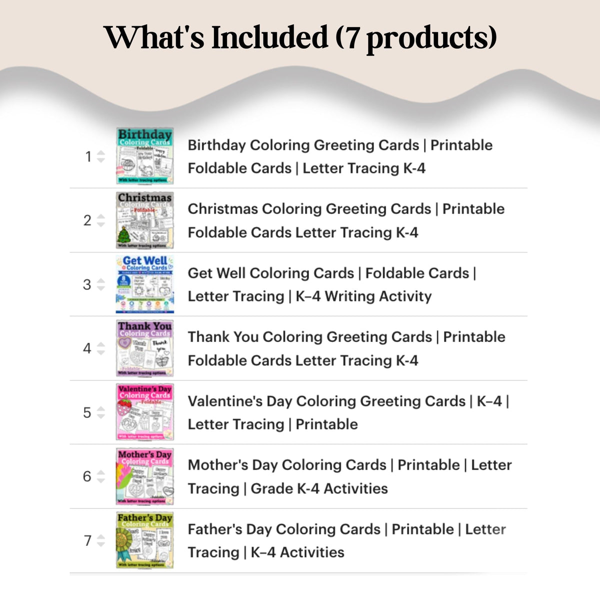 Digital Kim Designs printable coloring greeting card bundle featuring 7 holiday themes with letter tracing options.