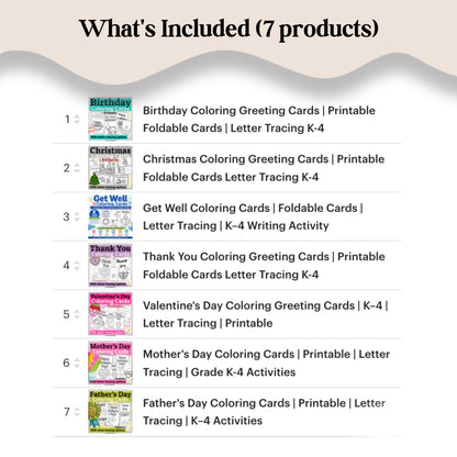 Digital Kim Designs printable coloring greeting card bundle featuring 7 holiday themes with letter tracing options.