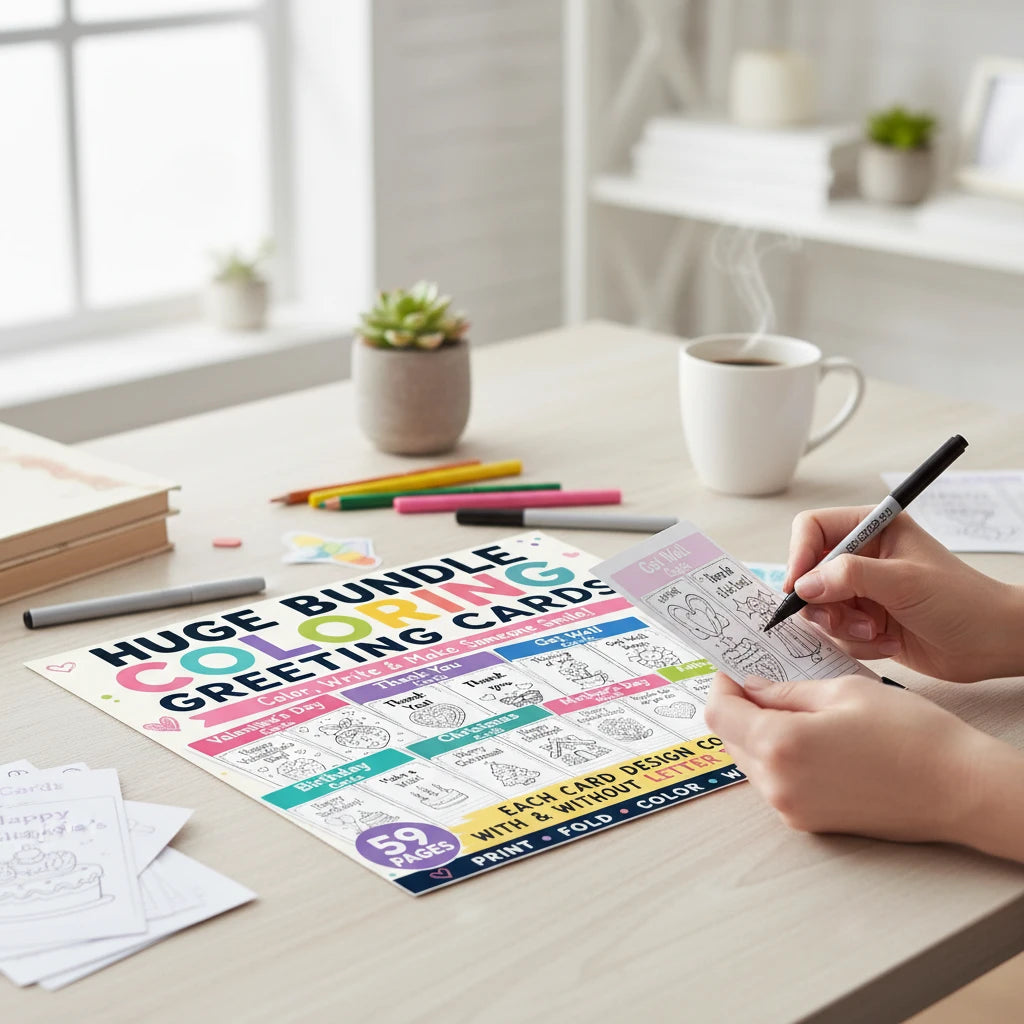 Digital Kim Designs printable coloring greeting cards bundle with letter tracing and standard writing options