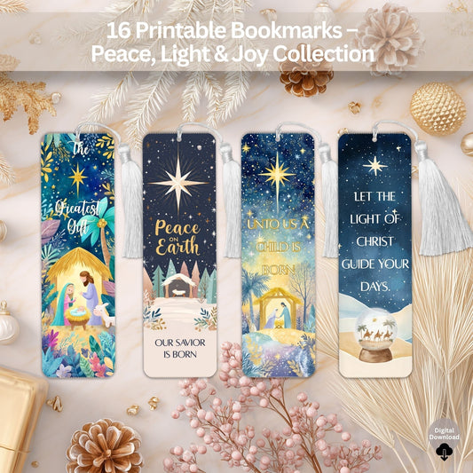 Digital Kim Designs printable bookmark bundle featuring four Christmas nativity scenes with inspirational scriptures.