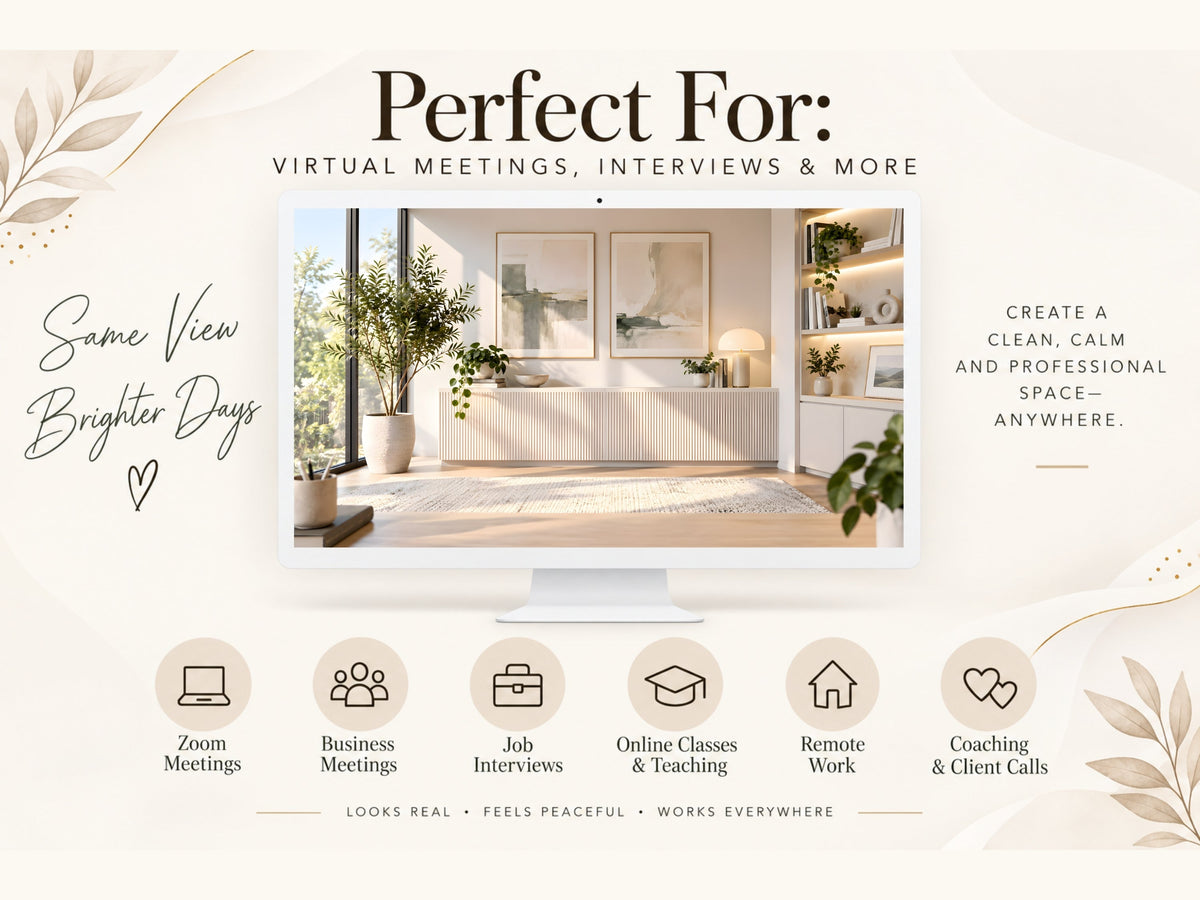 Digital Kim Designs Scandinavian virtual background for Zoom and Teams featuring a modern neutral interior design.