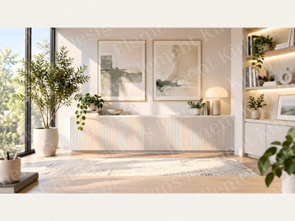 Digital Kim Designs Scandinavian virtual background featuring a modern living room with wood furniture and greenery.